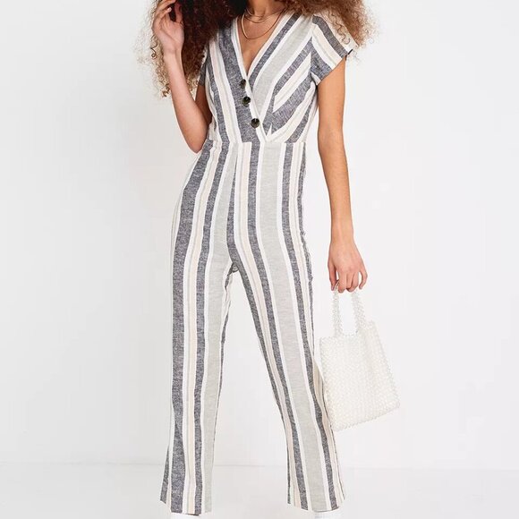 NWT Urban Outfitters Karen Striped Surplice Button-Through Jumpsuit Sz M - Picture 1 of 7